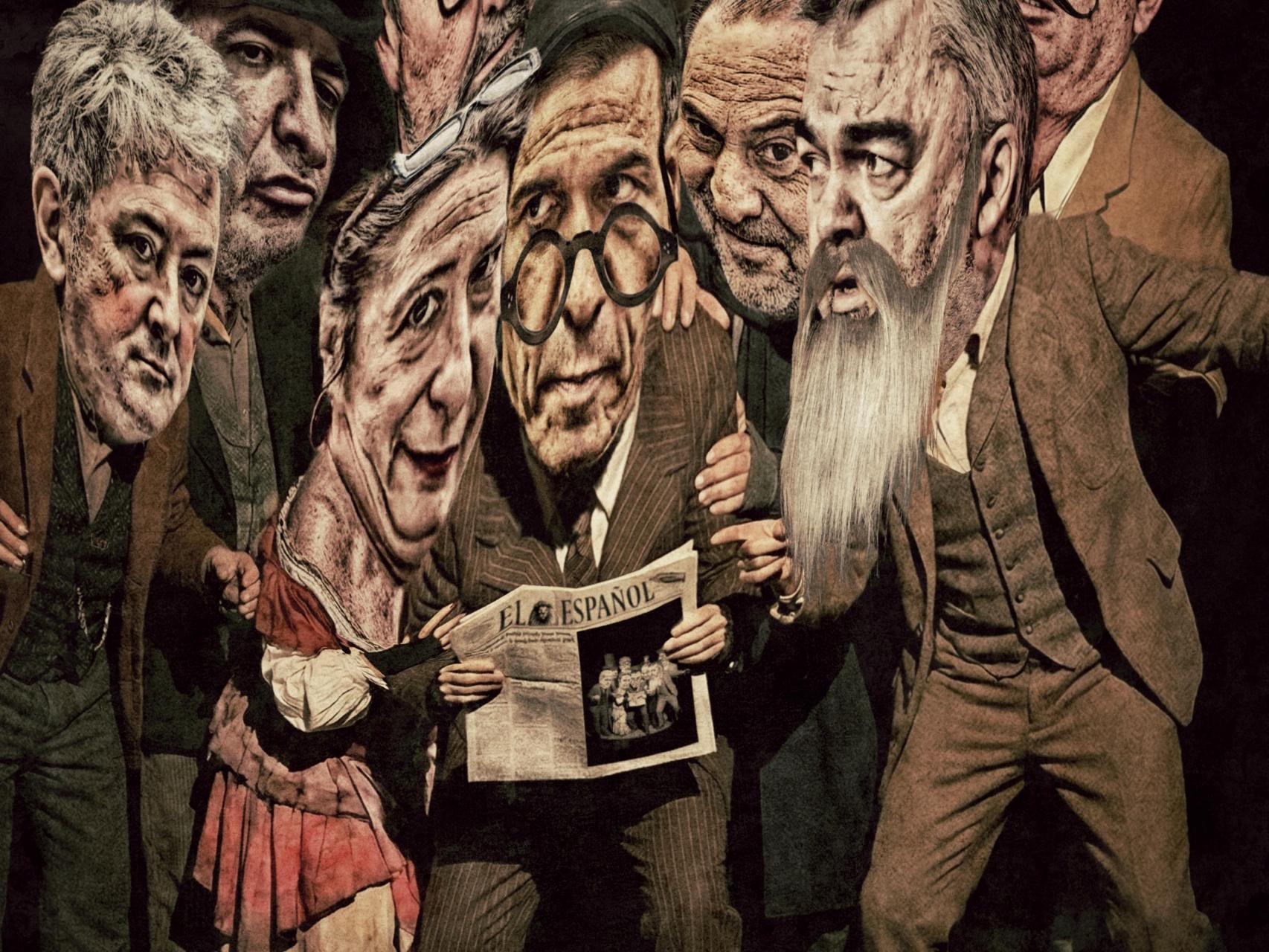 Ilustración de Leire Díez junto a otros investigados y Pedro Sánchez.