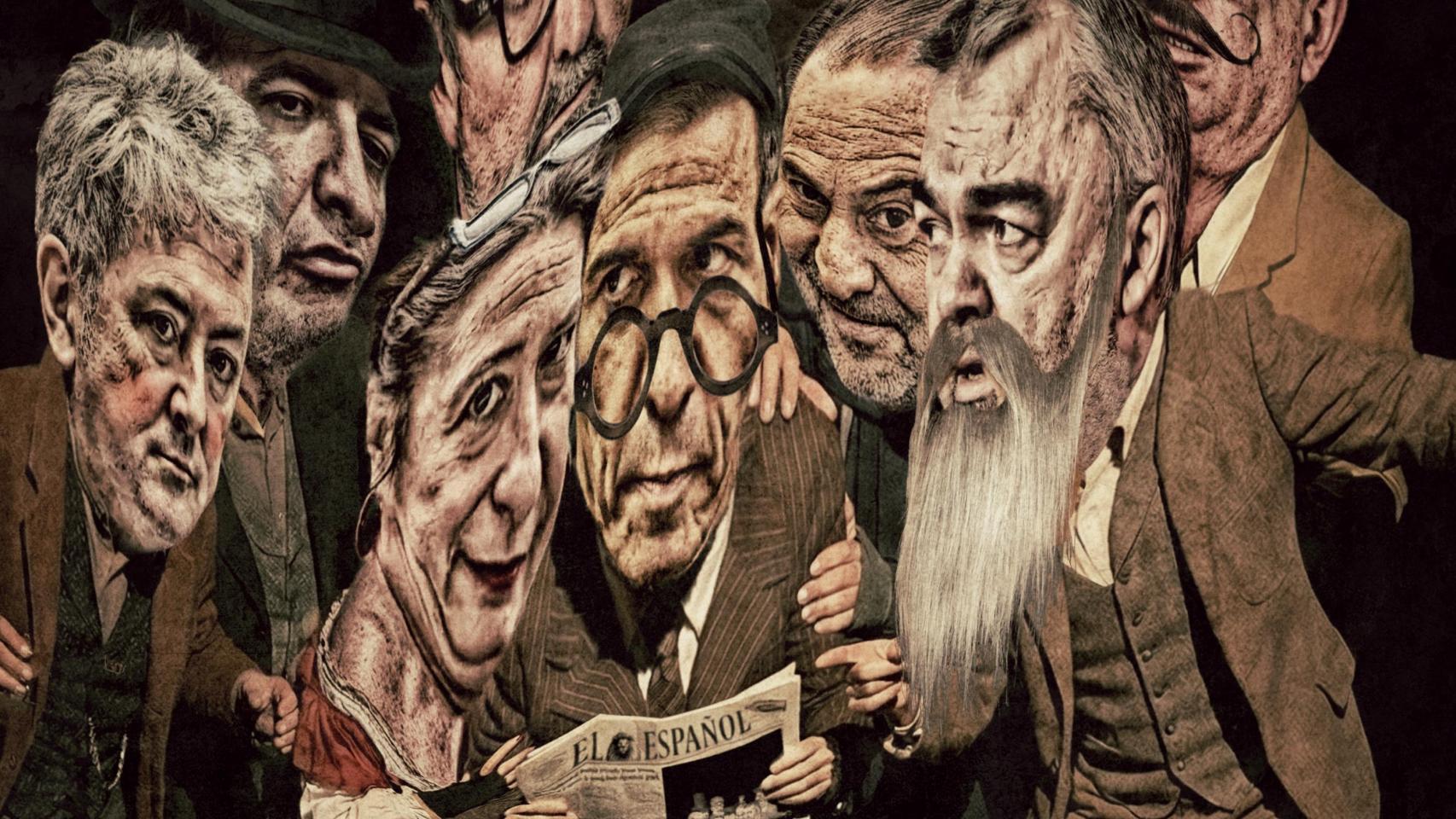 Ilustración de Leire Díez junto a otros investigados y Pedro Sánchez.