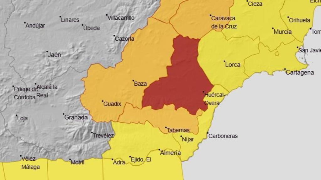 Mapa de la Aemet con el aviso rojo por lluvias en Almería.