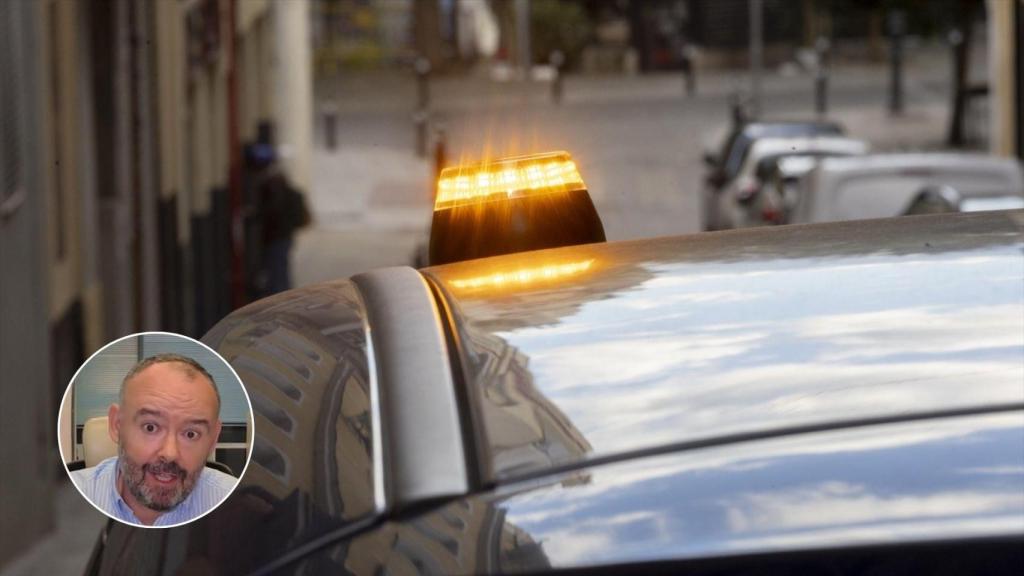 Montaje con una imagen de Jaime Pla y una imagen de archivo de la baliza V16.