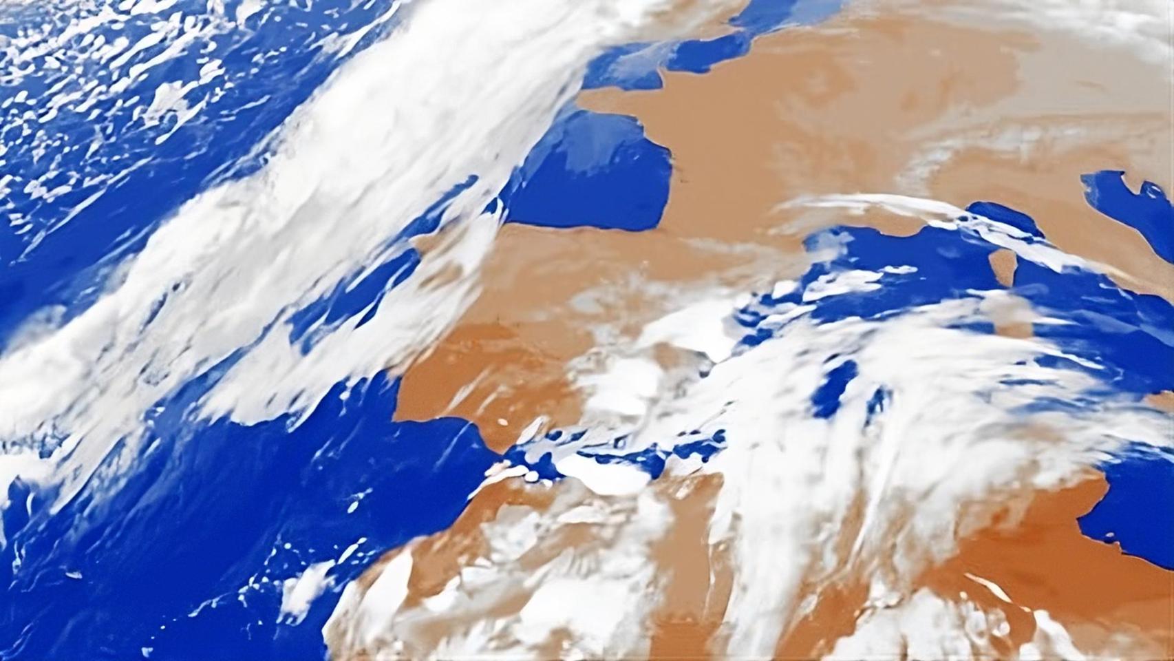 El mapa del paso de la borrasca Emilia por la península ibérica a las 19 horas del domingo.