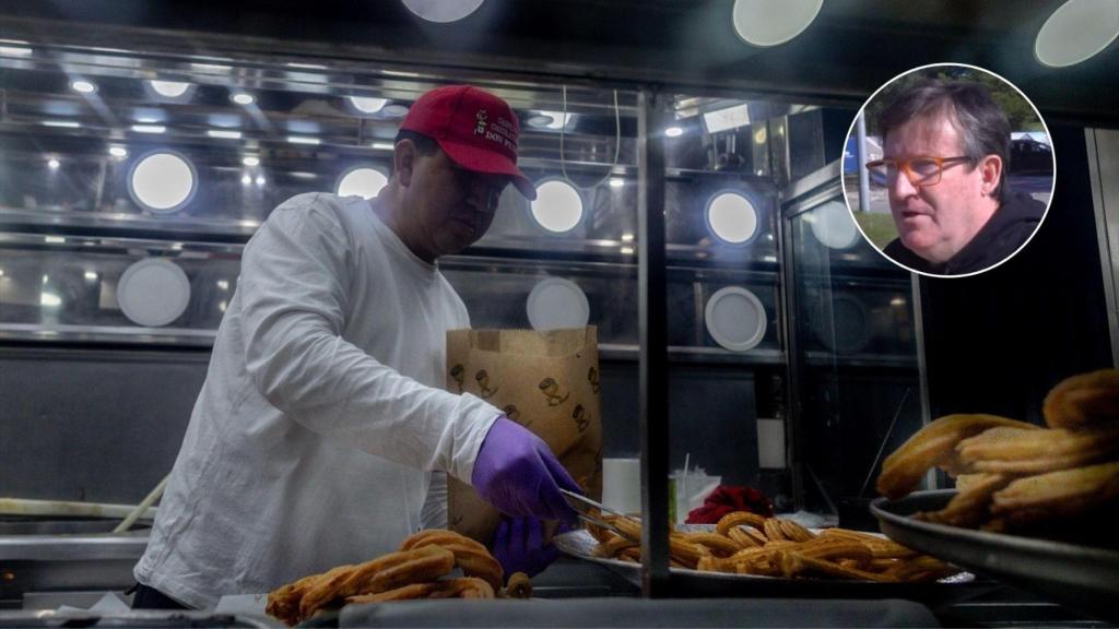 Montaje con una imagen de archivo de una churrería y una imagen del churrero.