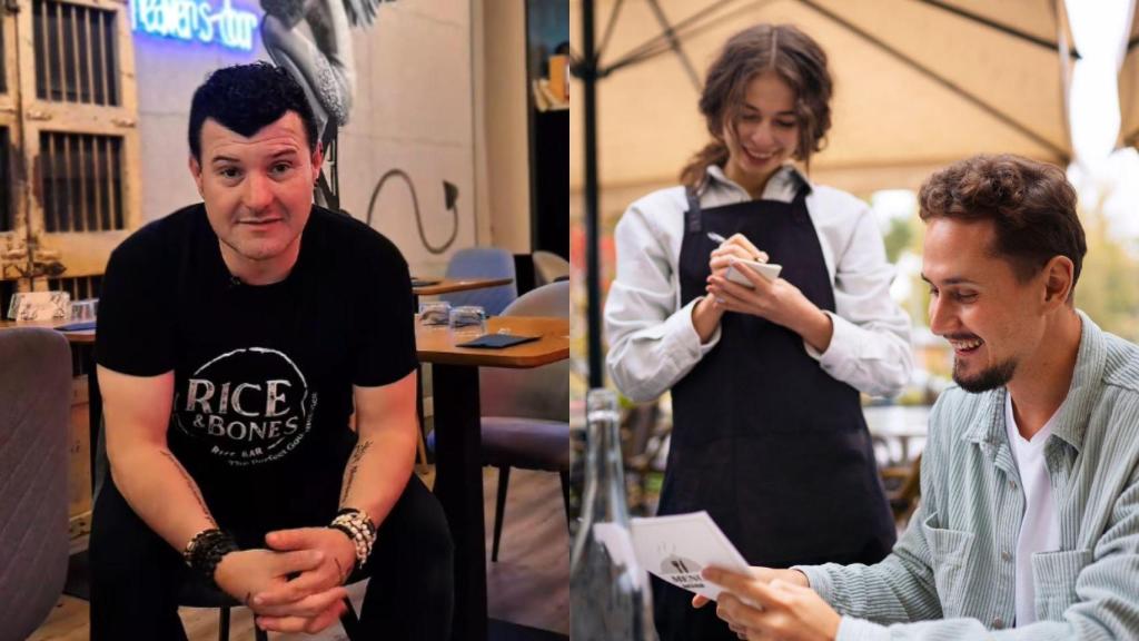 Montaje con una imagen de David Ariza y una imagen de archivo de un camarero.