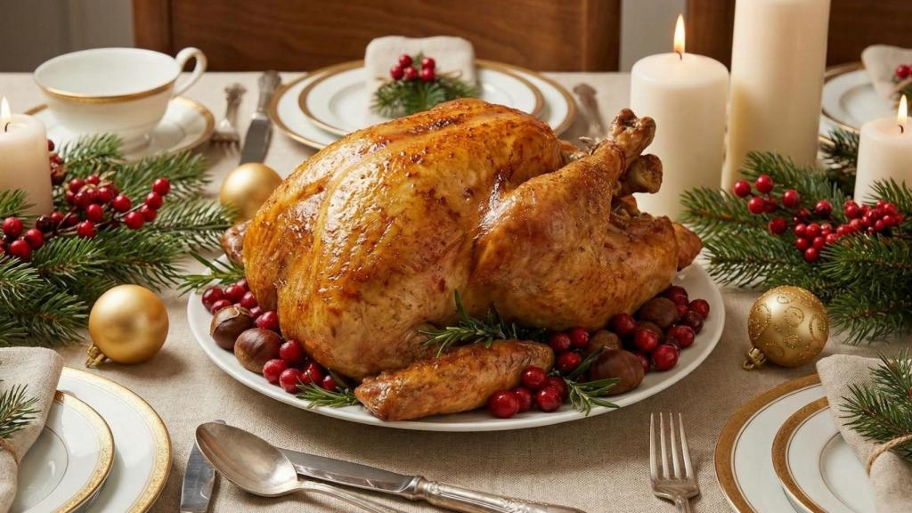Un pavo asado en una mesa de Navidad