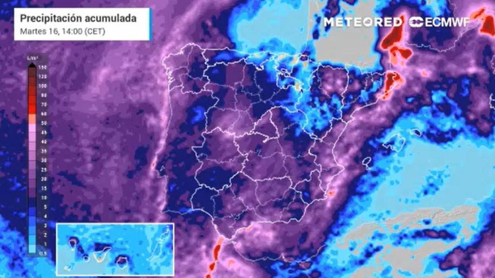 Lluvias previstas para este martes. Foto: Meteored.