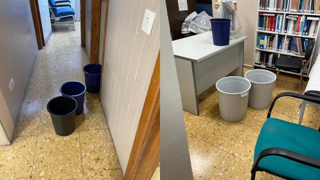 Hospital General de Valencia con cubos para las goteras. EE