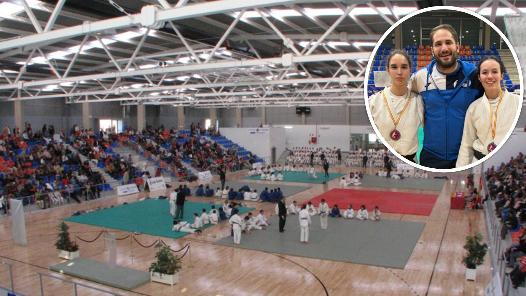 Imagen del Polideportivo Pilar Fernández Valderrama y las medallistas del Club Lourdes-Aspasia