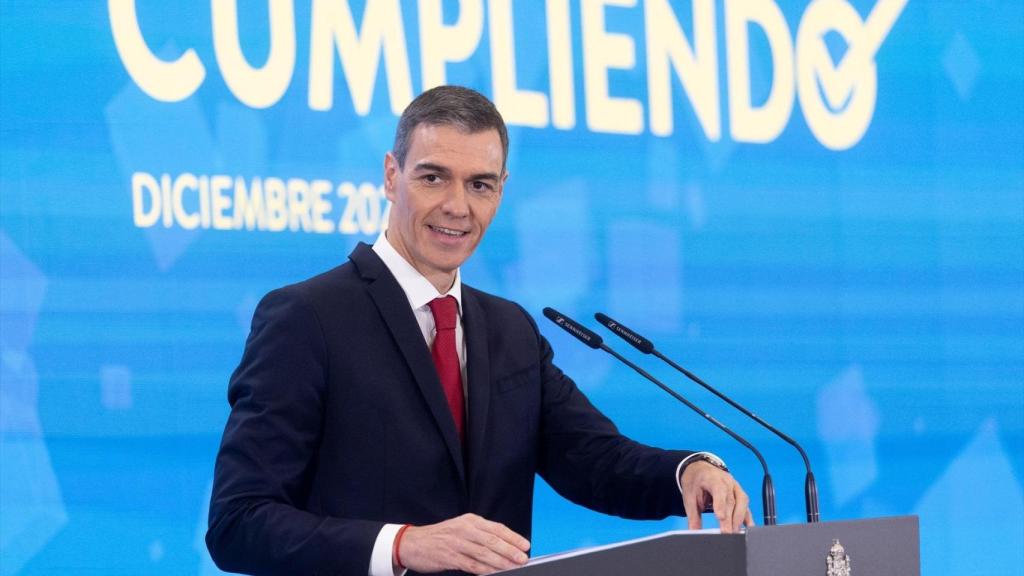 El presidente del Gobierno, Pedro Sánchez, durante su comparecencia en Moncloa para hacer balance del año.
