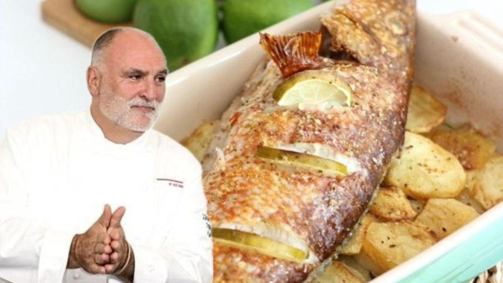 El chef José Andrés junto a una bandeja de pescado al horno.