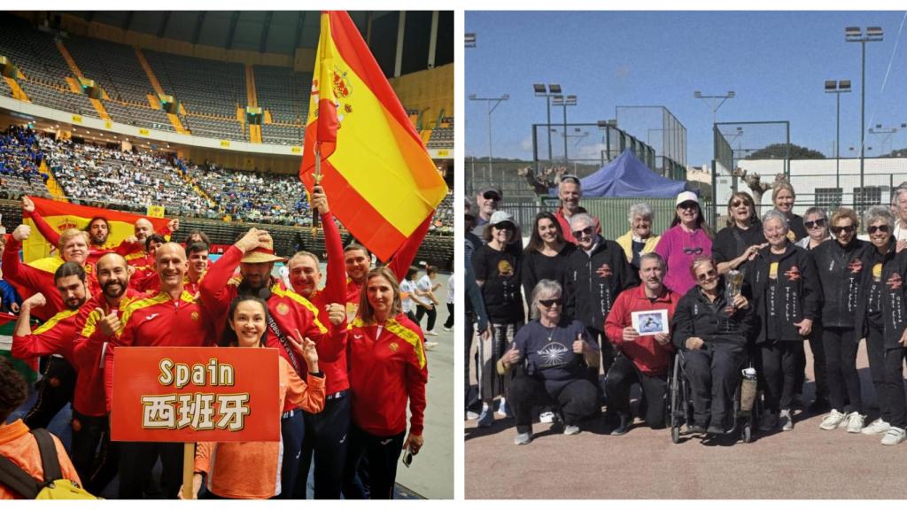 A la izquierda Mikelo Signes sosteniendo la bandera de España, a la derecha, en el centro con alumnos.