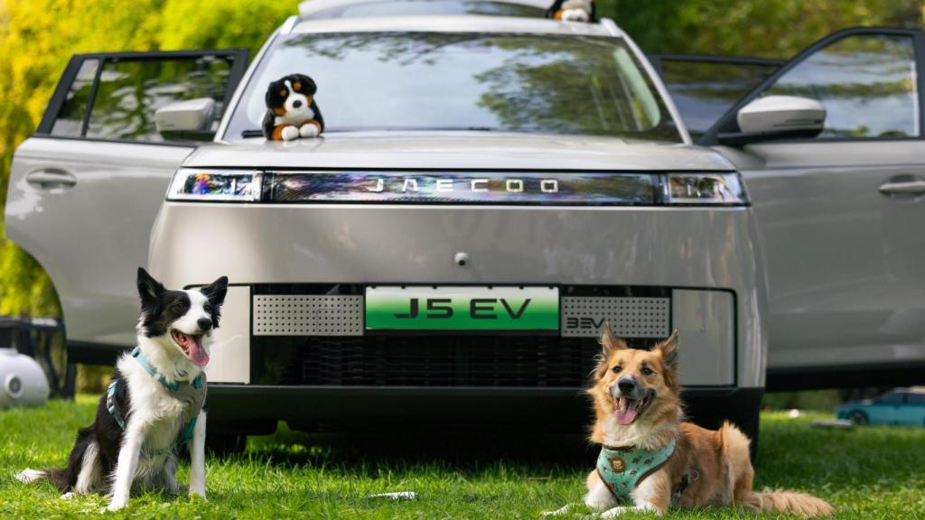 Dos perros enfrente del nuevo coche Jaecoo 5.