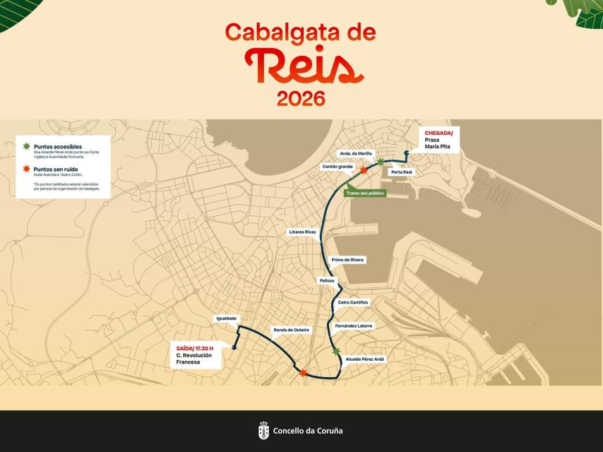 Recorrido de la Cabalgata de Reyes 2026 en A Coruña.