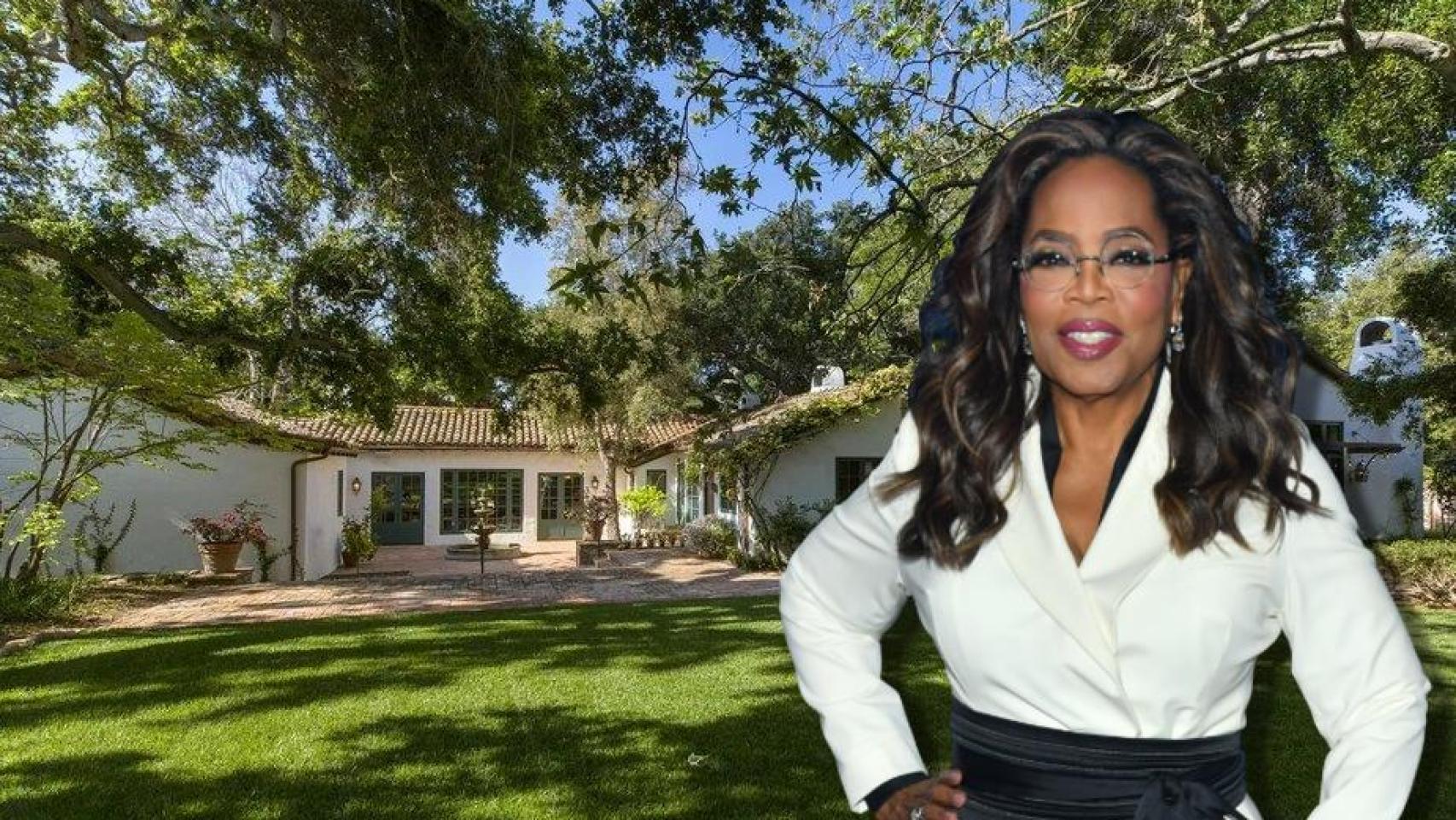 Oprah Winfre, junto a la propiedad de Montecito, en un montaje de EL ESPAÑOL.