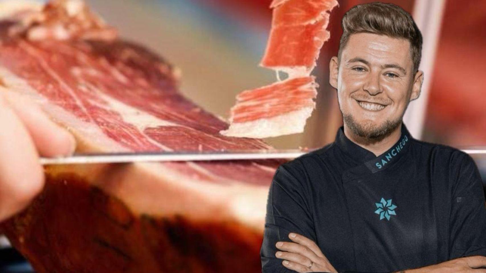 Víctor Sánchez junto a una paletilla de jamón.