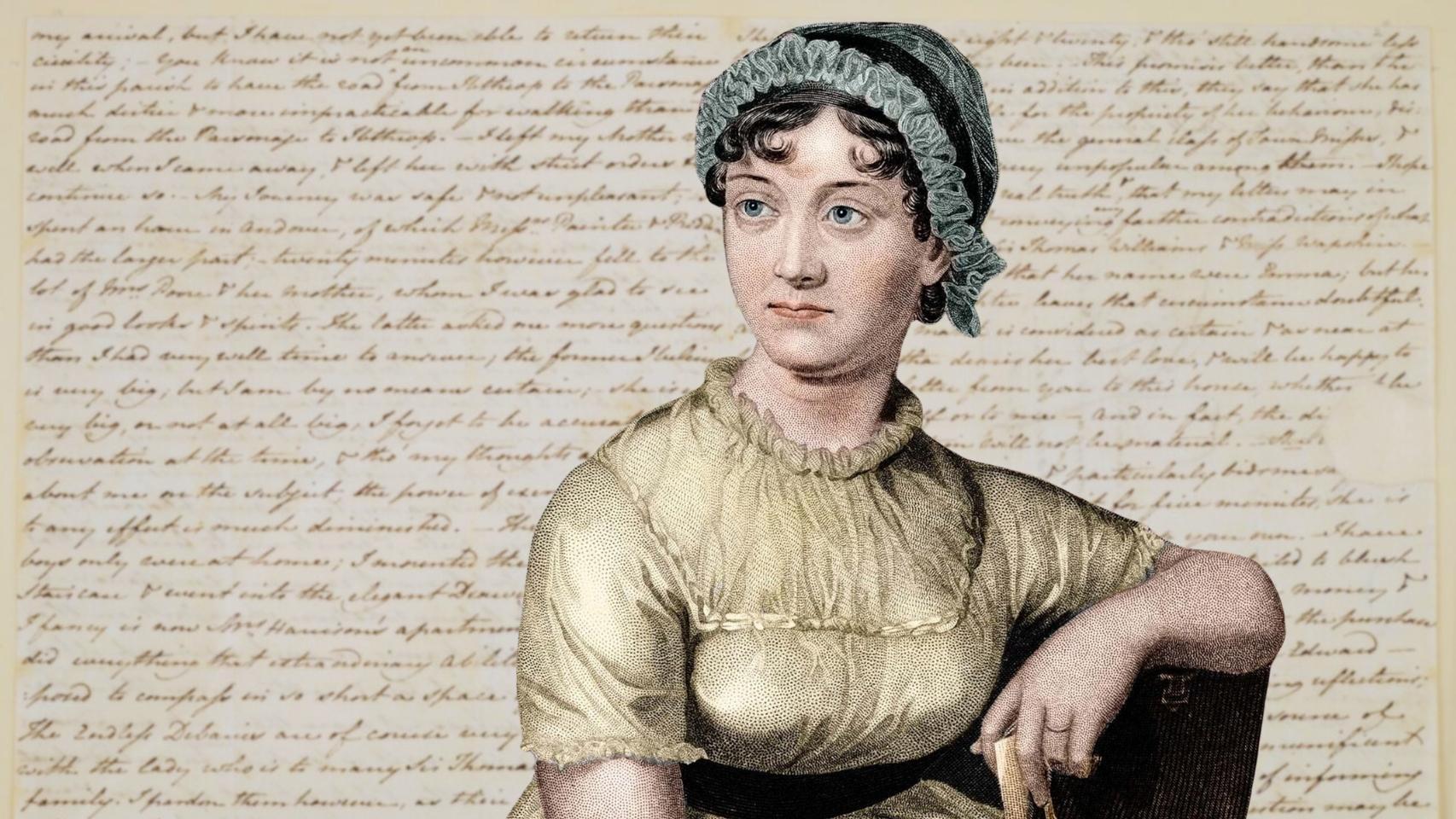 Jane Austen en un grabado de 1873. Al fondo, una de las cartas que envió a su hermana Cassandra