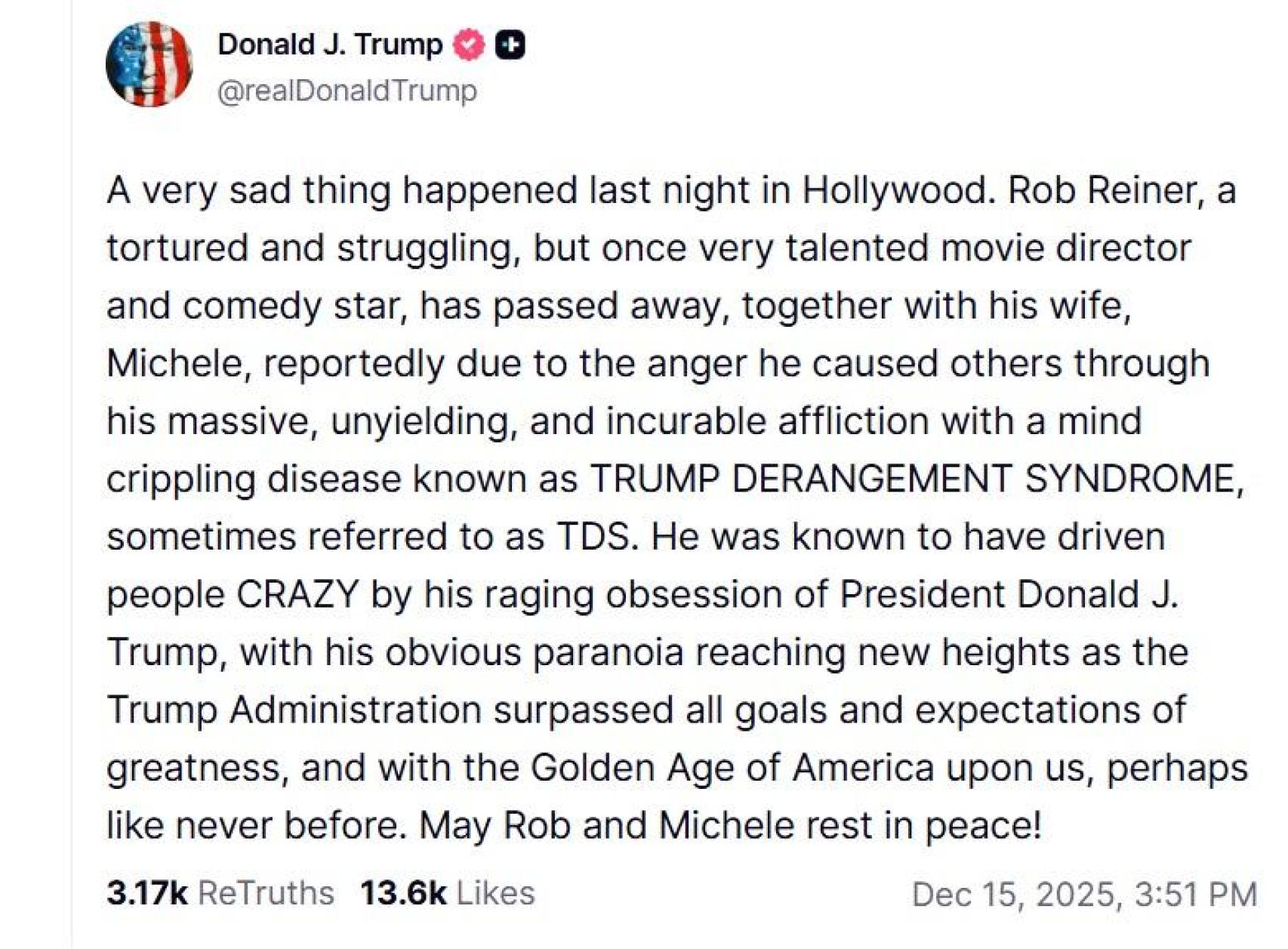 Captura del mensaje de Trump sobre el director de cine de Rob Reiner asesinado junto su esposa en su vivienda.