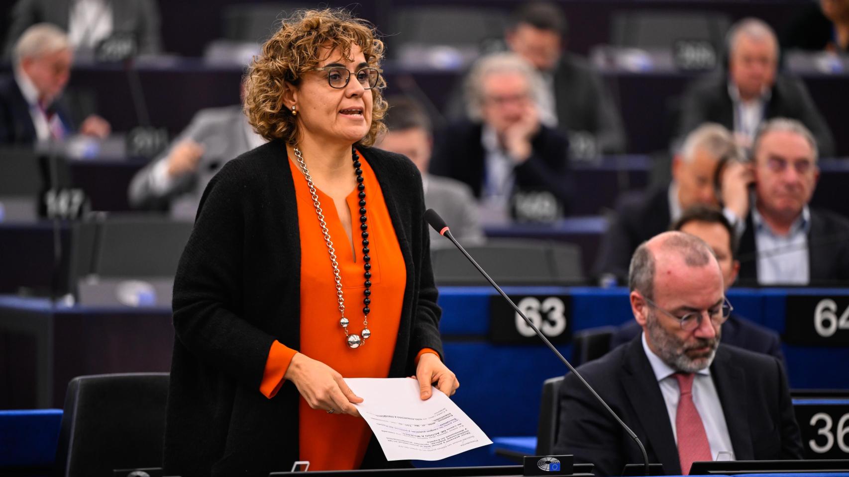 La secretaria general del PPE, Dolors Montserrat, durante su intervención de este lunes en la Eurocámara