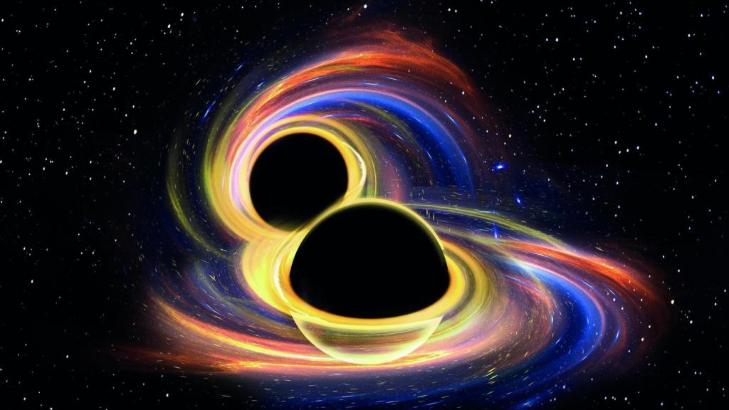 Ilustración de la fusión de dos agujeros negros. Foto: Raúl Pérez y Davis Newell