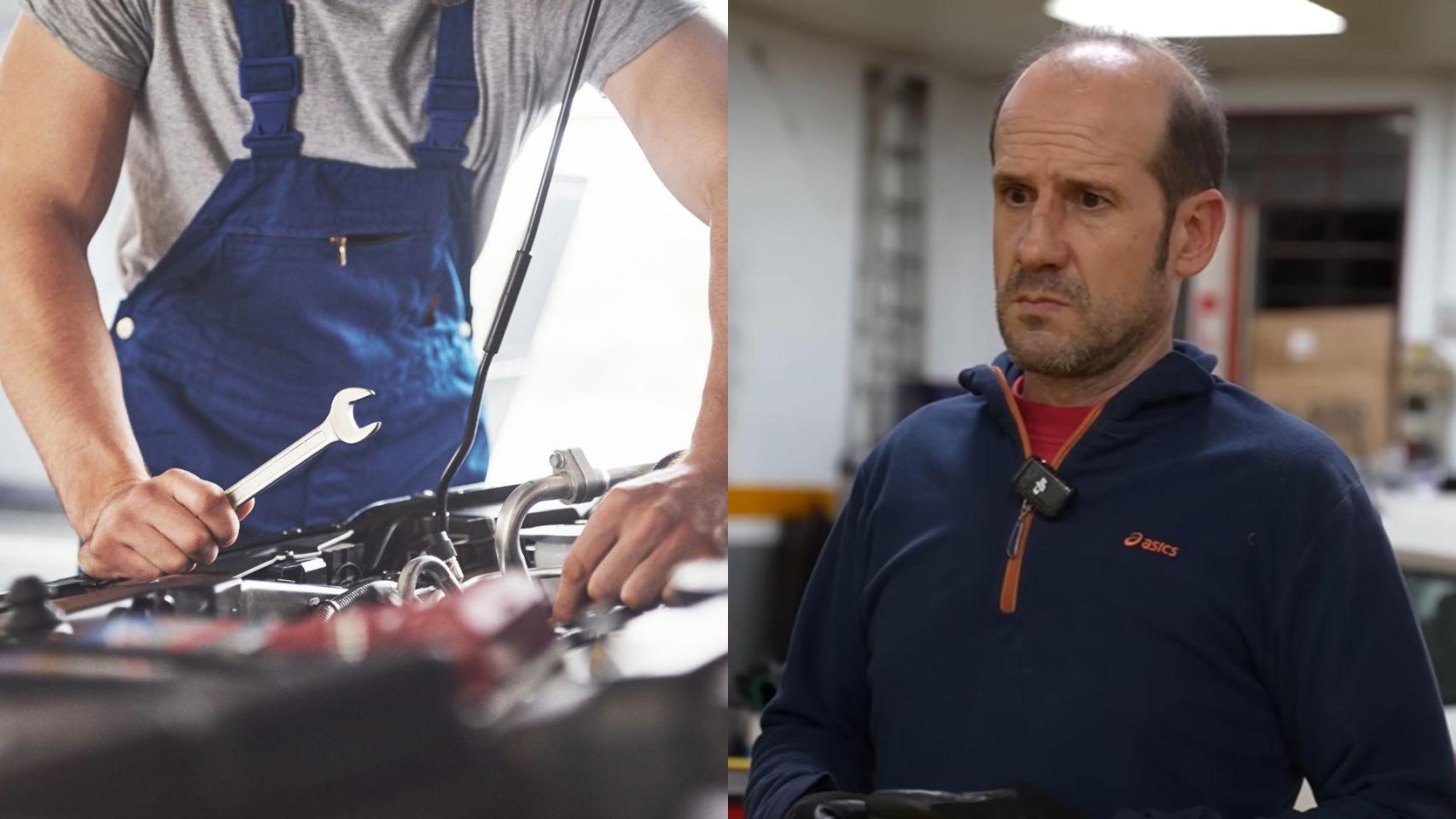 Montaje con una imagen de Juanjo y una imagen de archivo de un taller de mecánica.