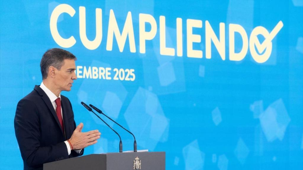 Sánchez, este lunes en la Moncloa, durante su balance de gestión.