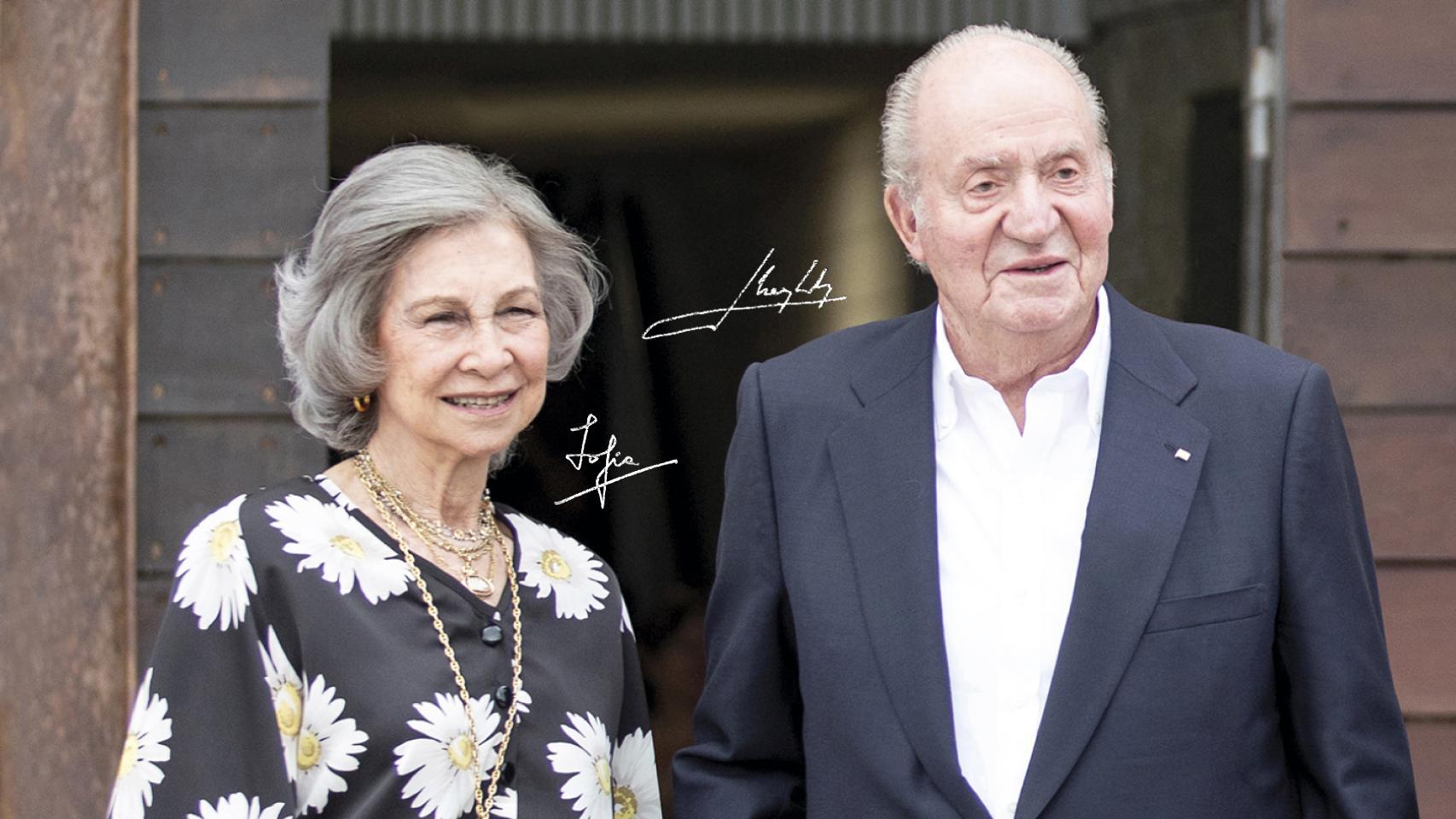 Los eméritos Sofía y Juan Carlos y sus respectivas firmas, en un montaje de JALEOS.