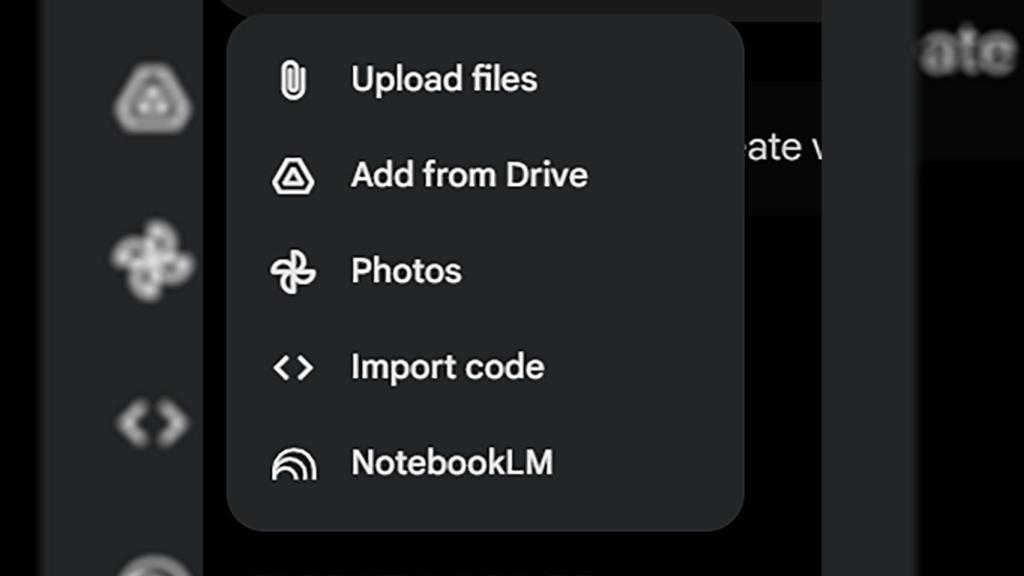 Imagen con las opciones para añadir archivos de Gemini