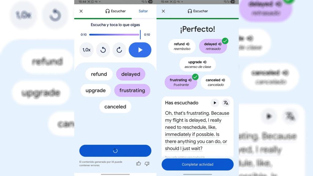 Imagen que muestra los fallos hechos tras la prueba de comprensión oral de Google Translate