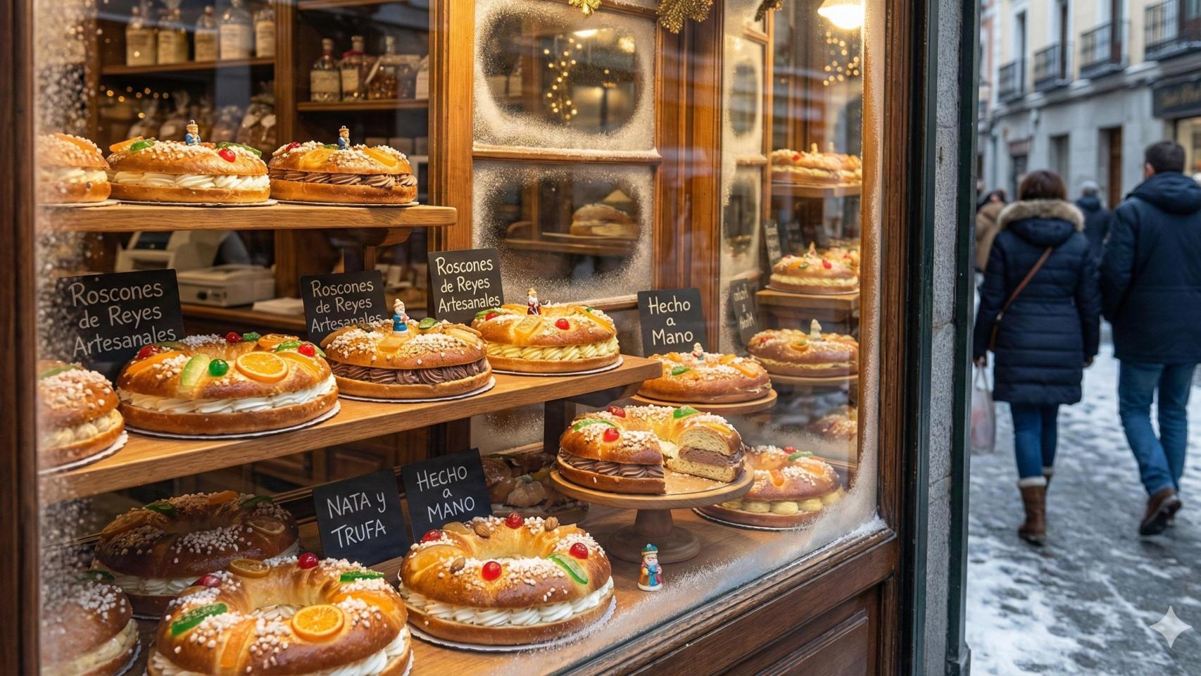 Escaparate de una pastelería con roscones de Reyes.
