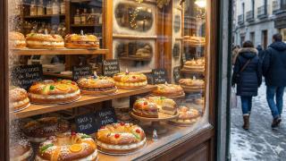 Escaparate de una pastelería con roscones de Reyes.