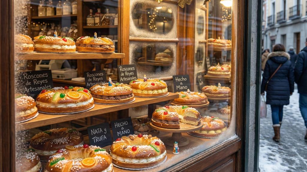 Escaparate de una pastelería con roscones de Reyes.