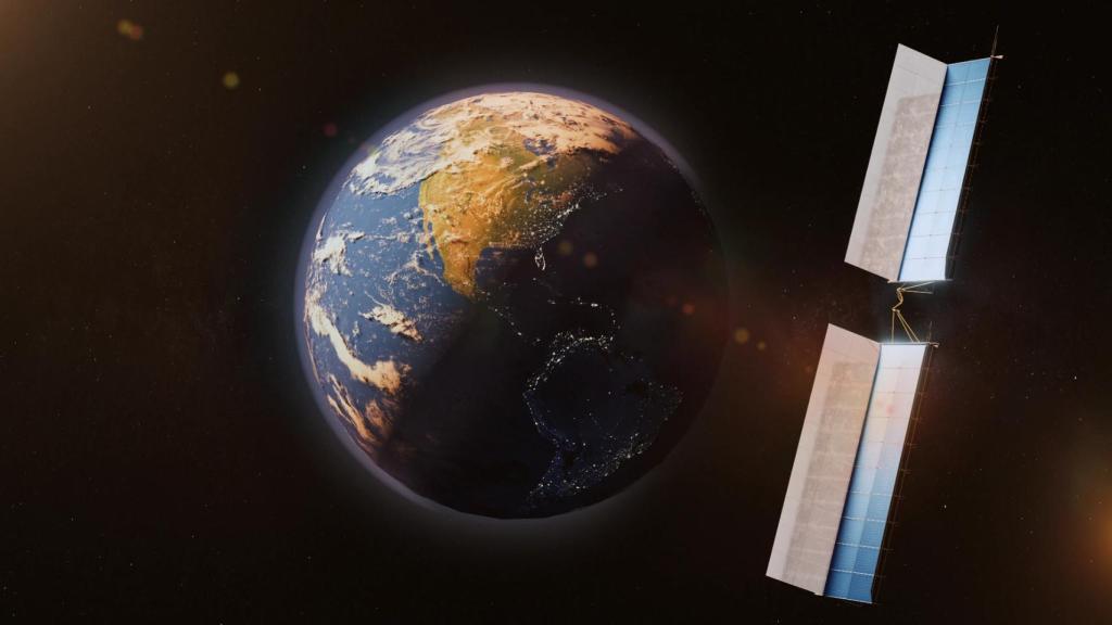 Ilustración de un satélite de Overview Energy captando luz solar en el espacio