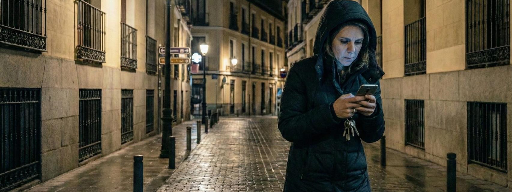 Mujer consultando el móvil de noche en la calle (Imagen generada por inteligencia artificial)