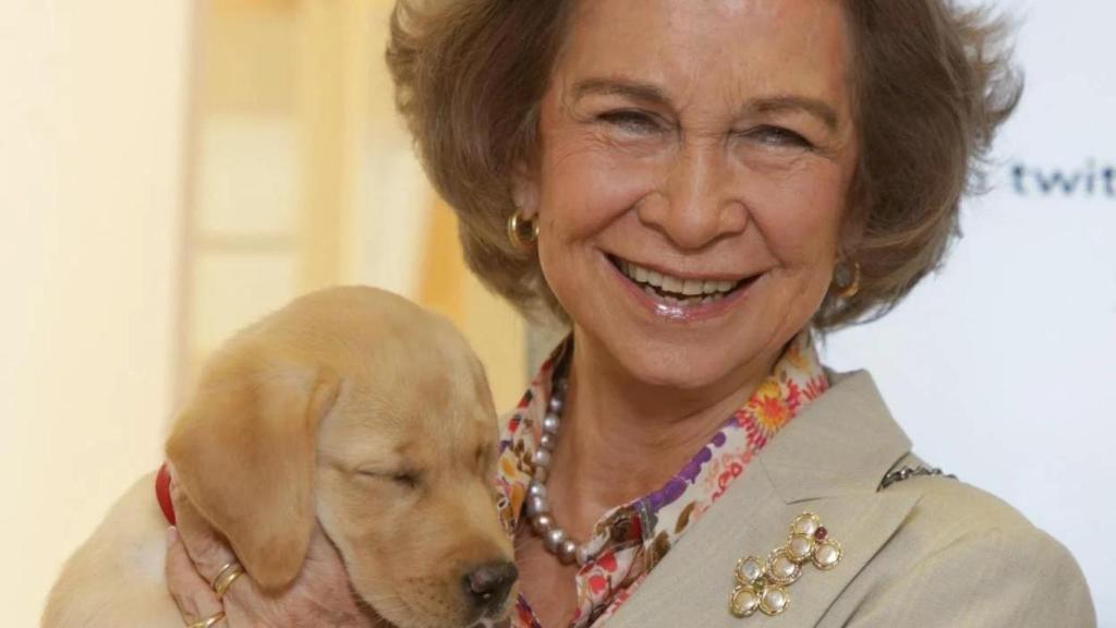 La reina Sofía con un perrito en sus manos.
