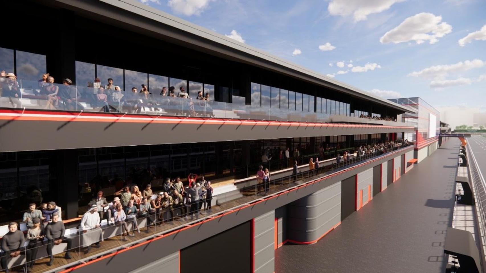 Render del Pit Building del futuro circuito de MADRING