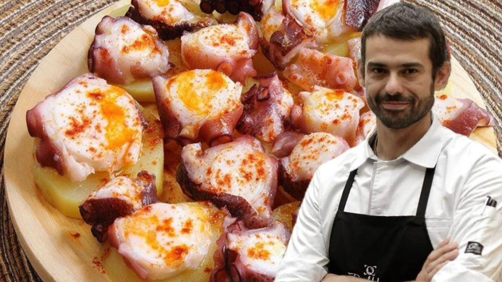 Enrique Sánchez junto a un plato de pulpo.