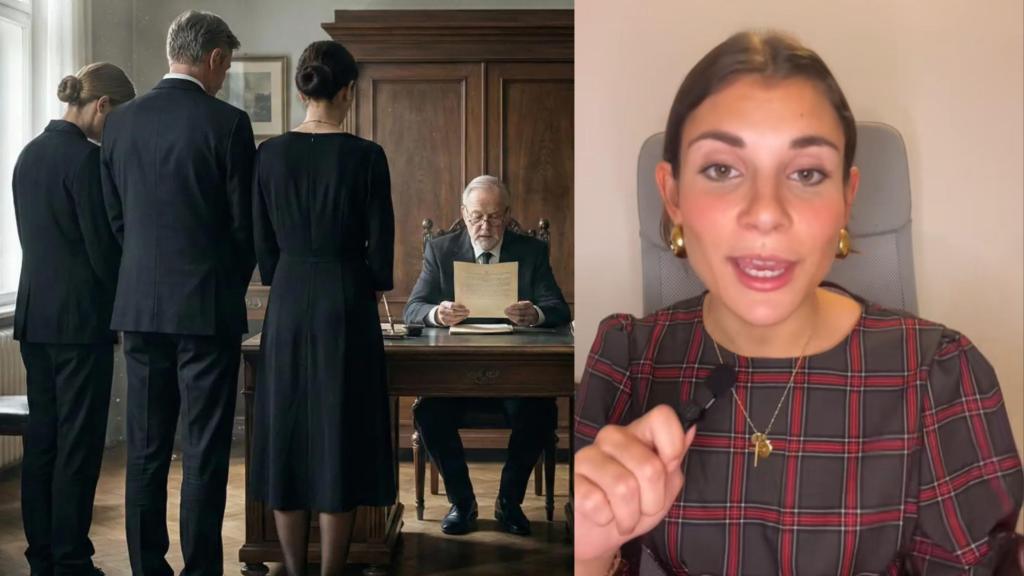 Una familia escuchando un testamento y  la abogada Violeta García.