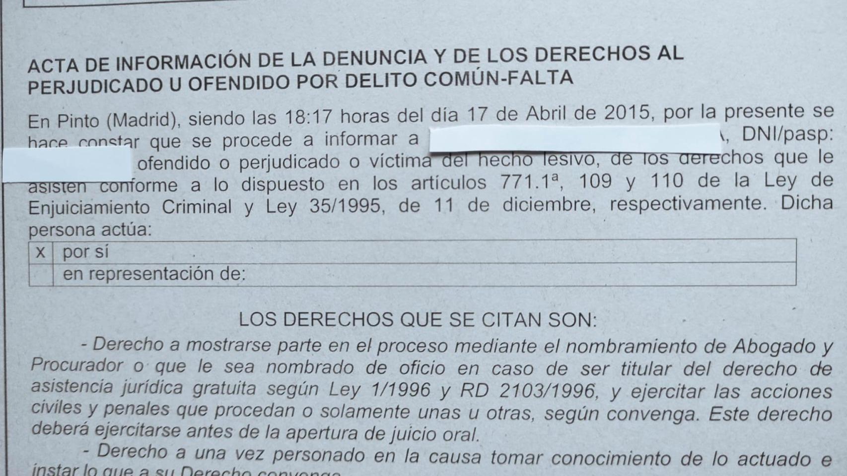 imagen de la denuncia puesta en el cuartel de la Guardia Civil.