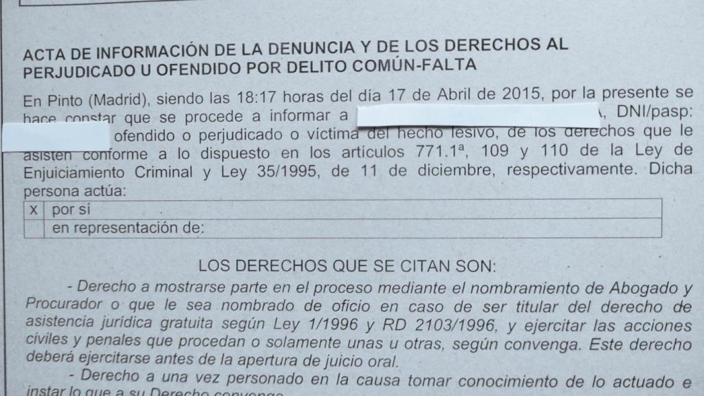 imagen de la denuncia puesta en el cuartel de la Guardia Civil.