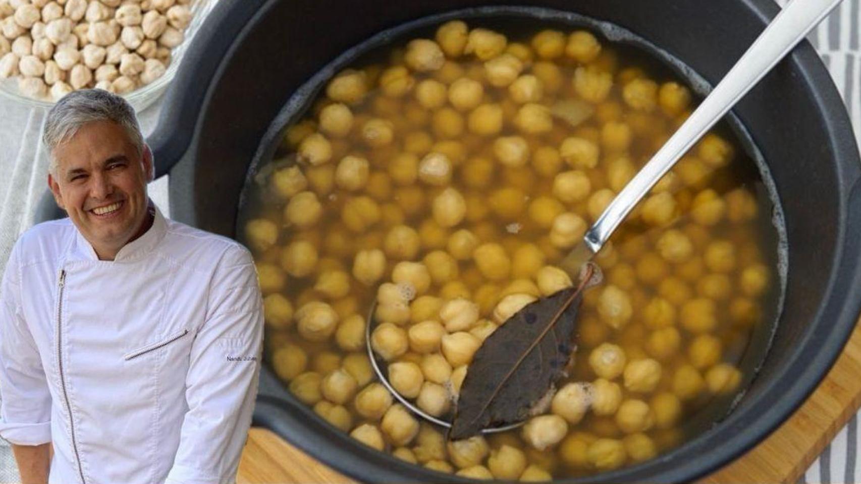Nandu Jubany junto a una olla con garbanzos.