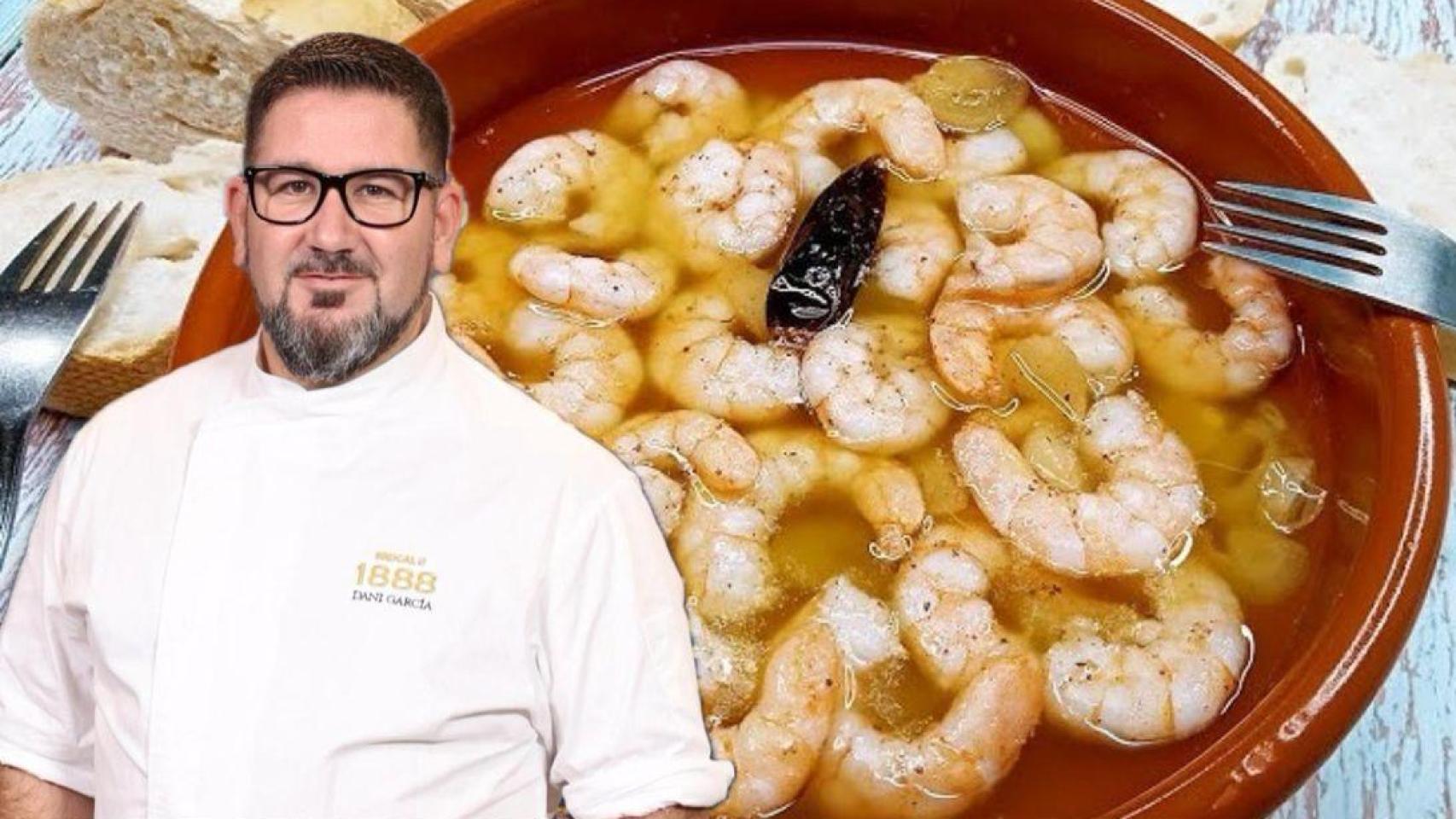 El chef Dani García junto a unas gambas al ajillo.