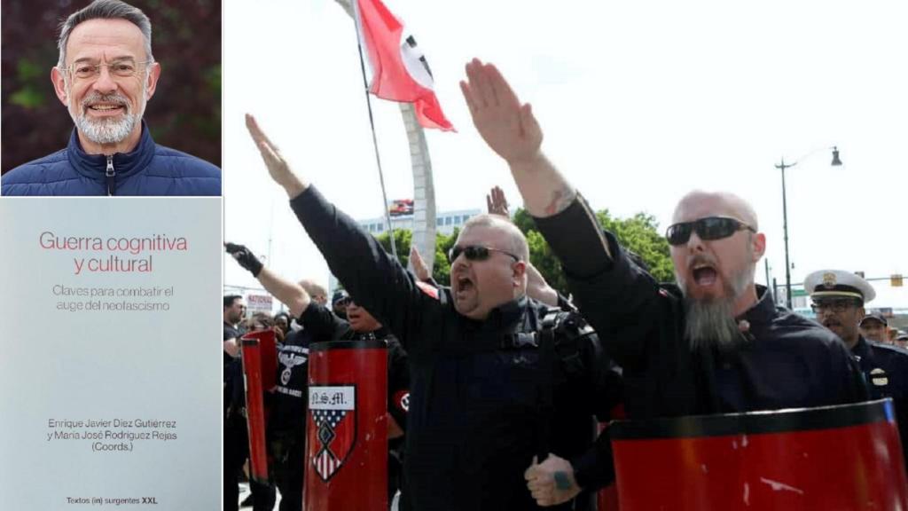 El profesor de la ULE Enrique Javier Díez, la portada del libro y una manifestación neofascista en una imagen de archivo.