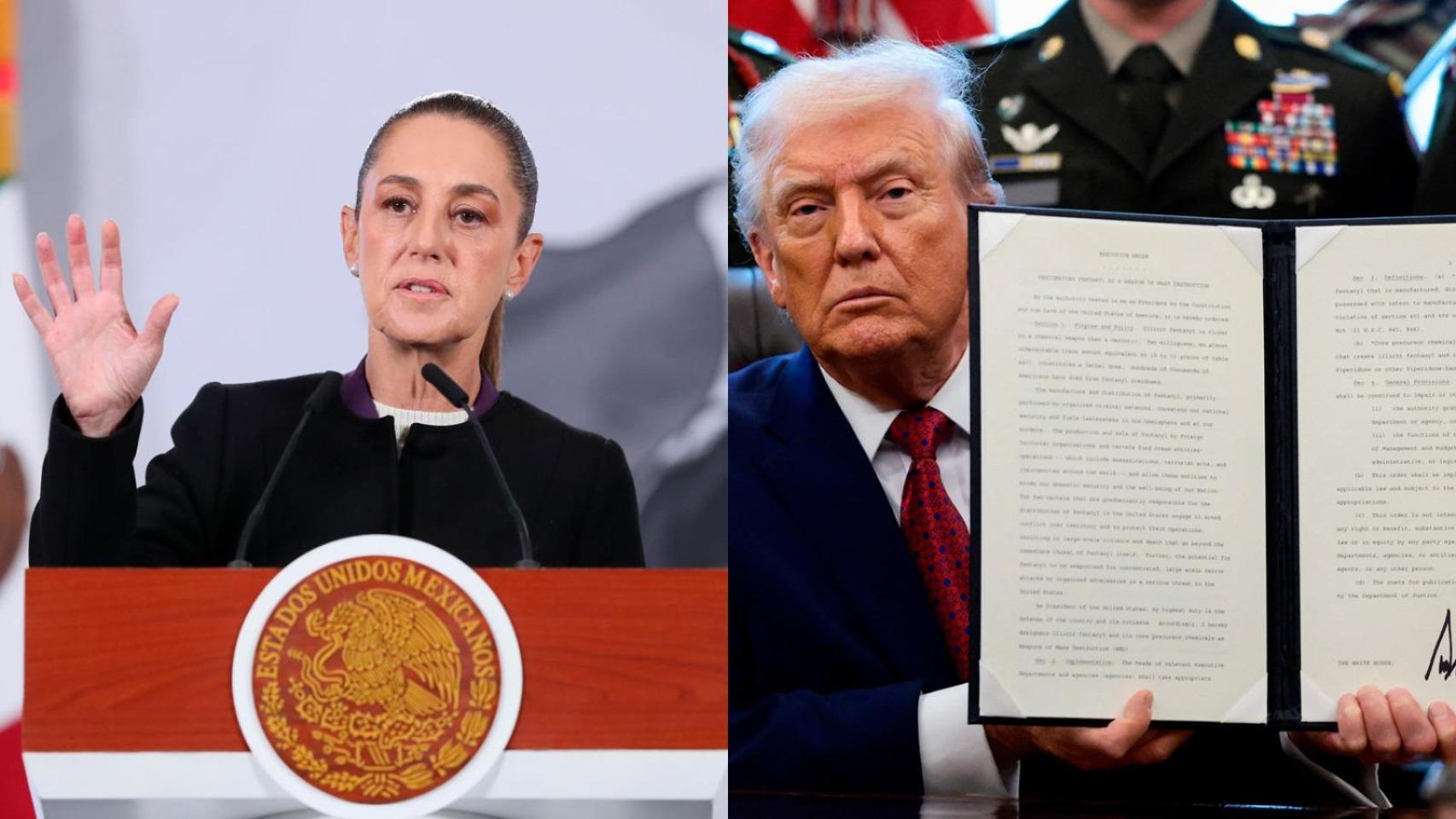 La presidenta de México Claudia Sheinbaum este martes en una rueda de prensa y su homólogo estadounidense, Donald Trump, enseñando la orden ejecutiva que declara el fentanilo como un arma de destrucción masiva.