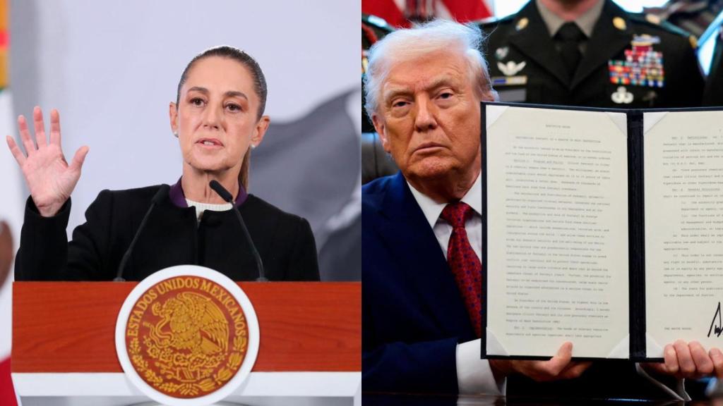 La presidenta de México Claudia Sheinbaum este martes en una rueda de prensa y su homólogo estadounidense, Donald Trump, enseñando la orden ejecutiva que declara el fentanilo como un arma de destrucción masiva.
