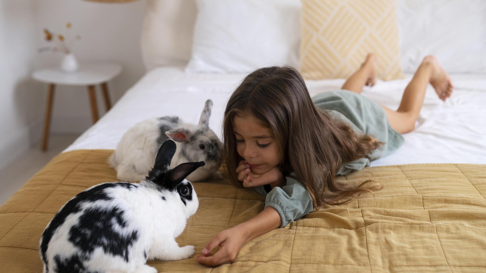 Una niña jugando en la cama con dos conejos.