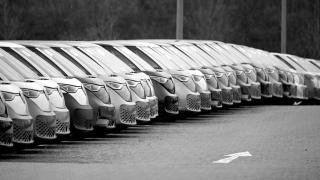 Buzz electric cars lined up at the Volkswagen factory in Hannover, Germany.