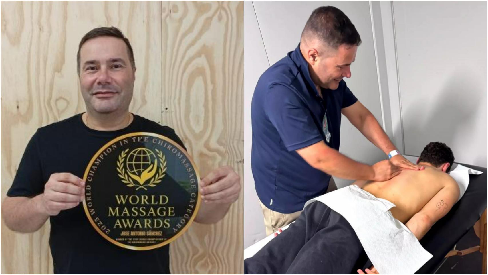 José Antonio Sánchez, campeón del mundo en quiromasaje sosteniendo su título.