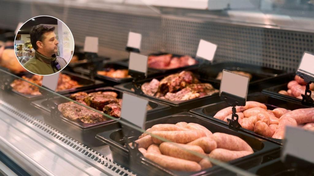 Montaje con una imagen de archivo de una carnicería y una imagen de Tomás.