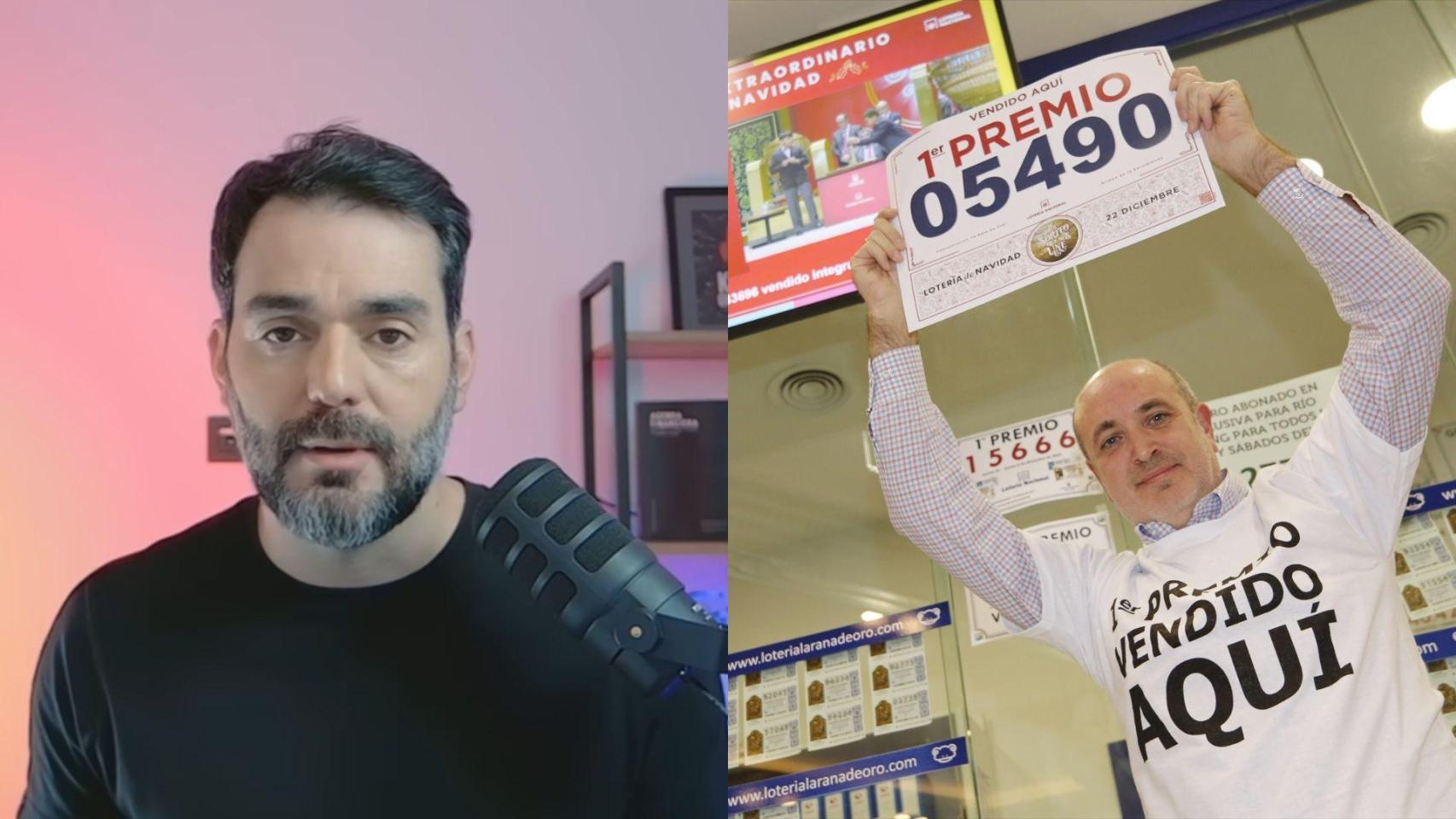 Montaje con una imagen de Richard García y de un lotero cekebrando el décimo ganador.