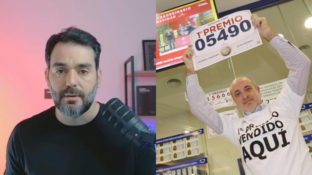 Montaje con una imagen de Richard García y de un lotero cekebrando el décimo ganador.