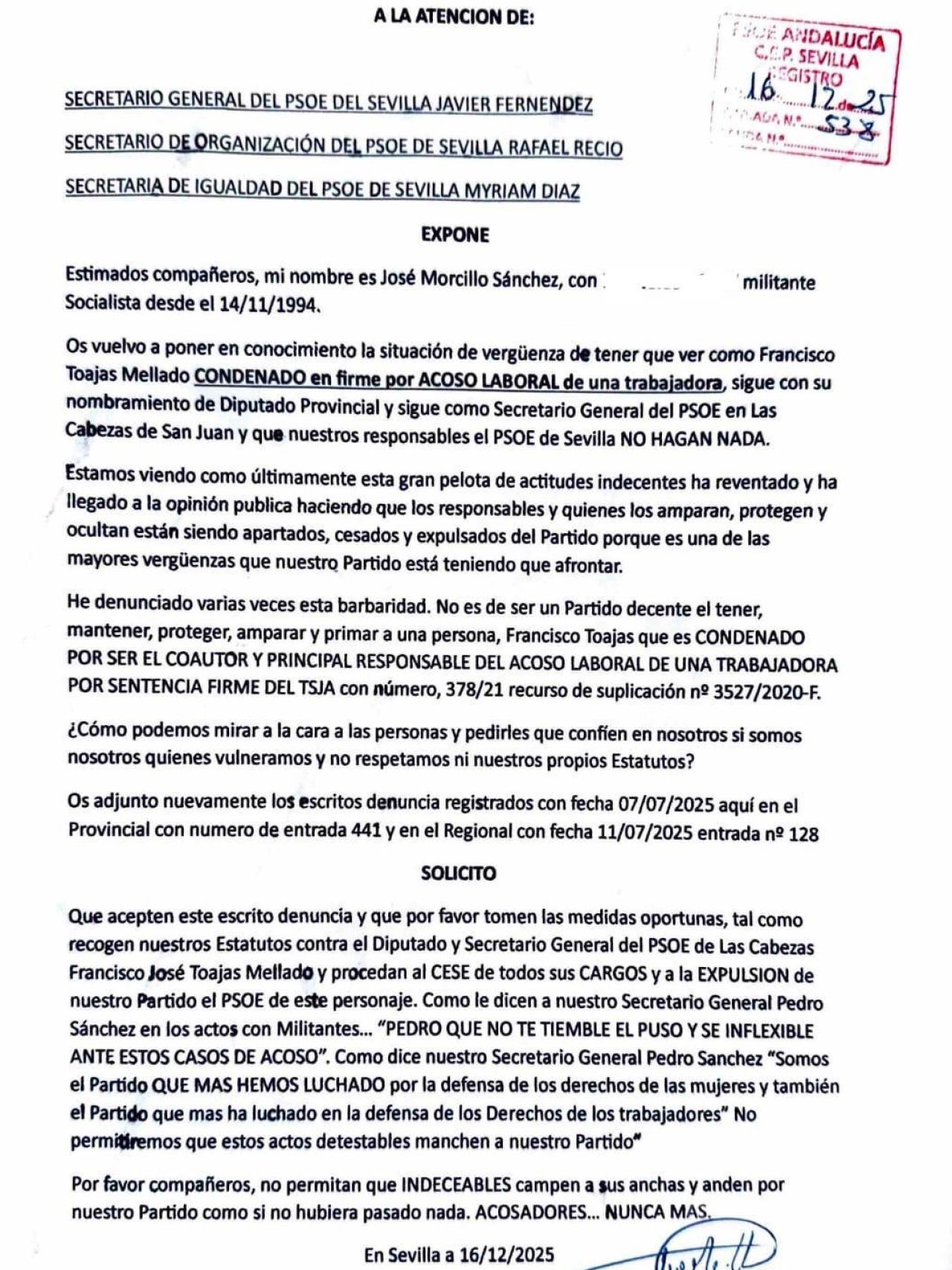 La denuncia interpuesta el pasado mes de julio por un militante andaluz en el PSOE por un caso de acoso laboral.